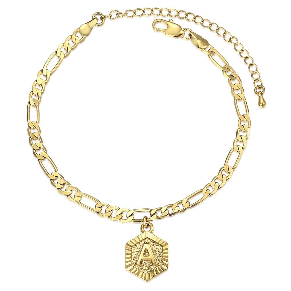 Womens A-Z Initial Letter Charm Bracelet Anklet Gold Plated Figaro Chain