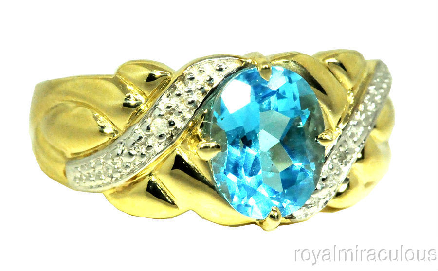 Rylos 925 Gold Plated SilverRing Simulated Peridot & Diamond 9X7MM