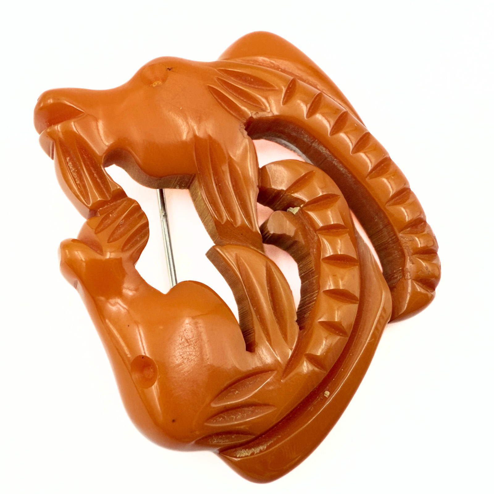 Vintage Chinese Export Carved Chestnut Bakelite Figural Goats Head Brooch