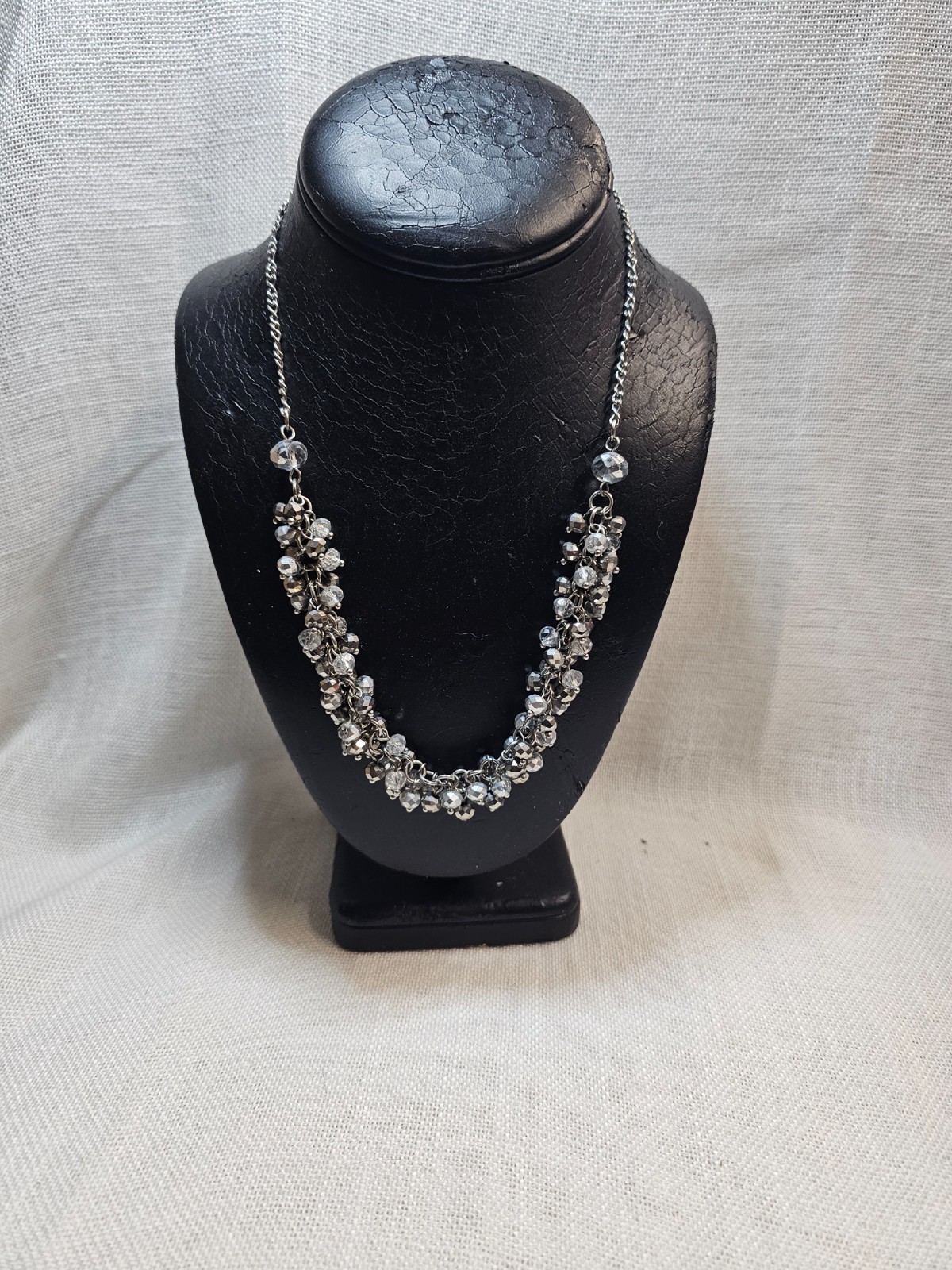 Silver Tone Faceted Crystal Cluster Necklace Evening Shimmery Glam