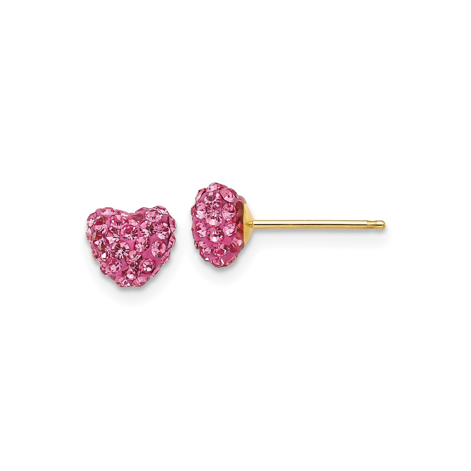 14k Yellow Gold Solid Rose Crystal Heart Post Earrings Push Back 6mm