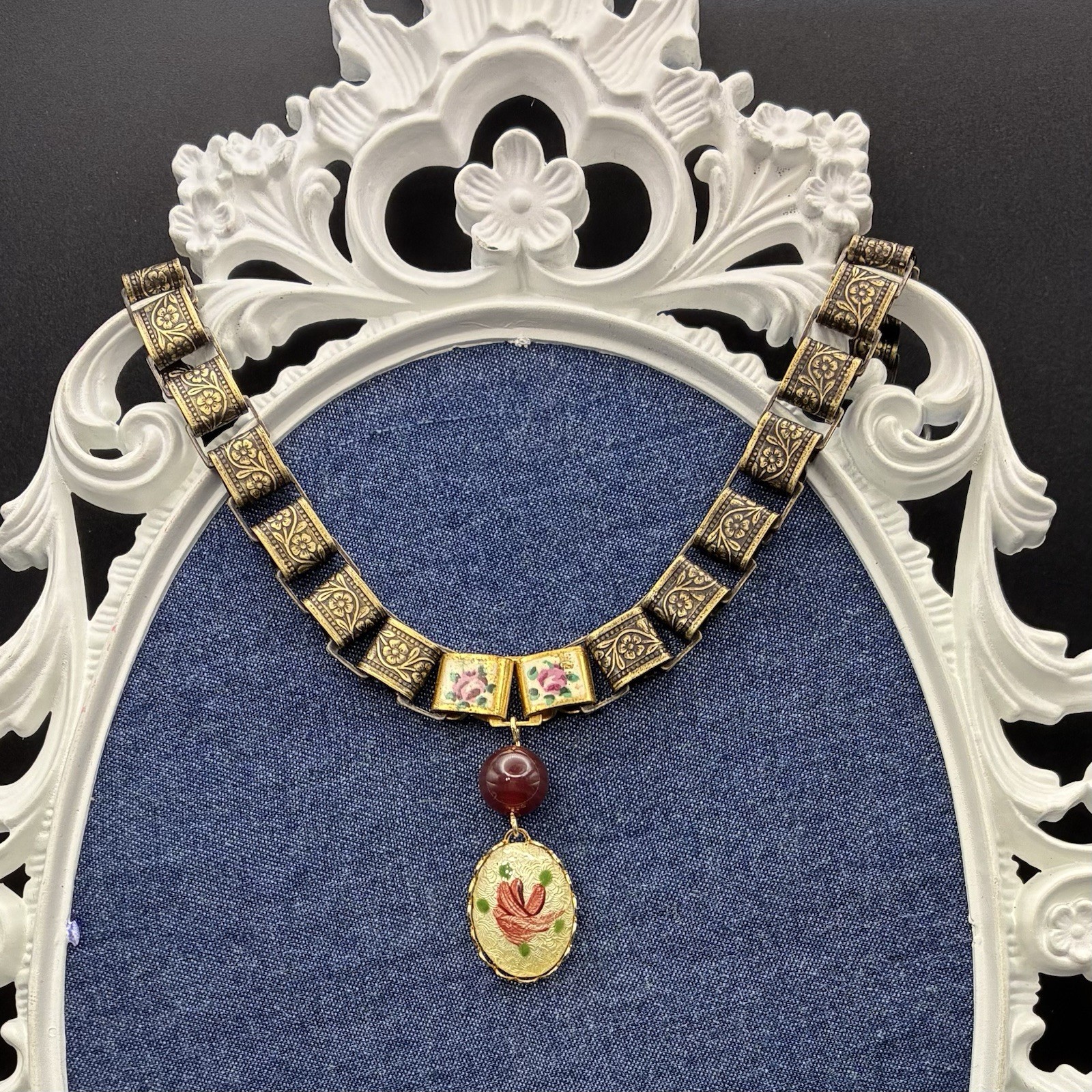 Vintage Rose Guilloche & Vintage Book Chain Integrated w New Book Chain Necklace