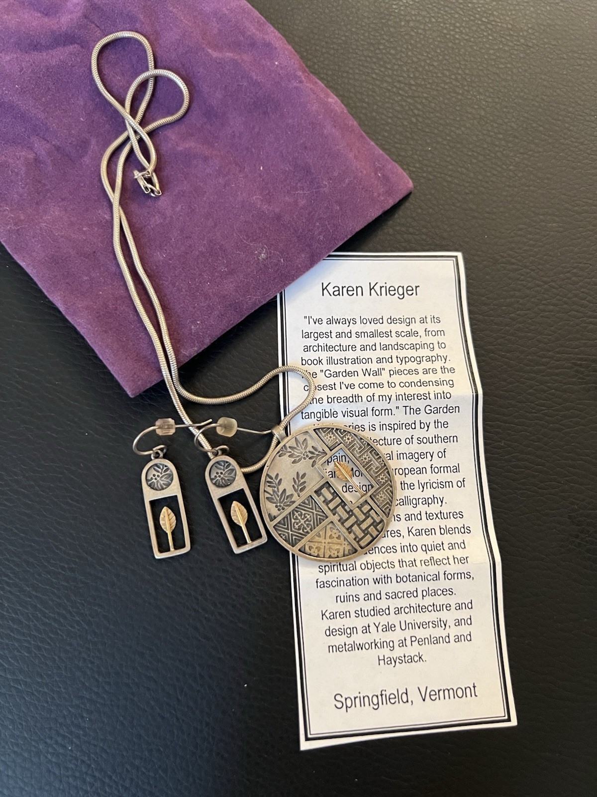Vintage Karen Krieger Wall Series 14k Gold Sterling Silver Necklace Earrings Set