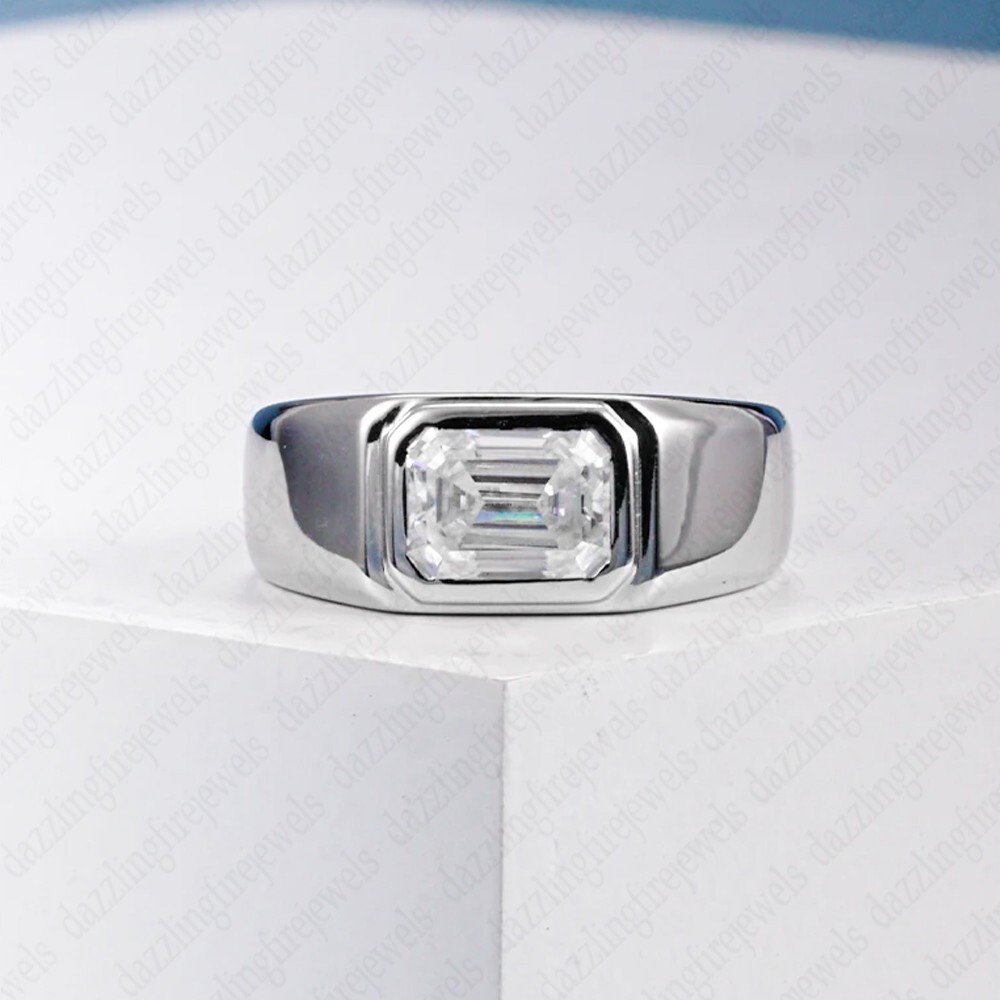 2.19 Ct Emerald Cut Moissanite Bezel Engagement Ring 14K White Gold Plated