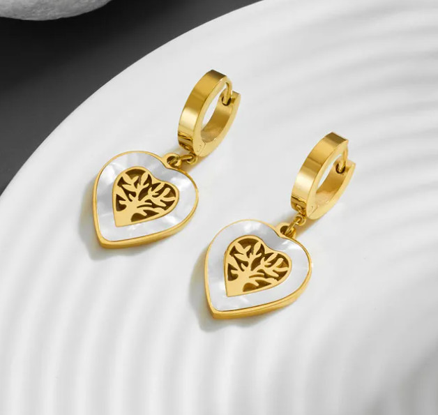Earrings Heart Shape Life Tree Plating Inlay Shell 18K Gold Plated