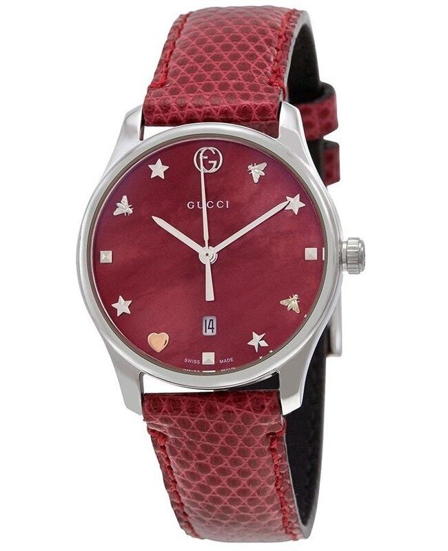 New Gucci G-Timeless Red Mother of Pearl Dial Leather Women’s Watch YA126584