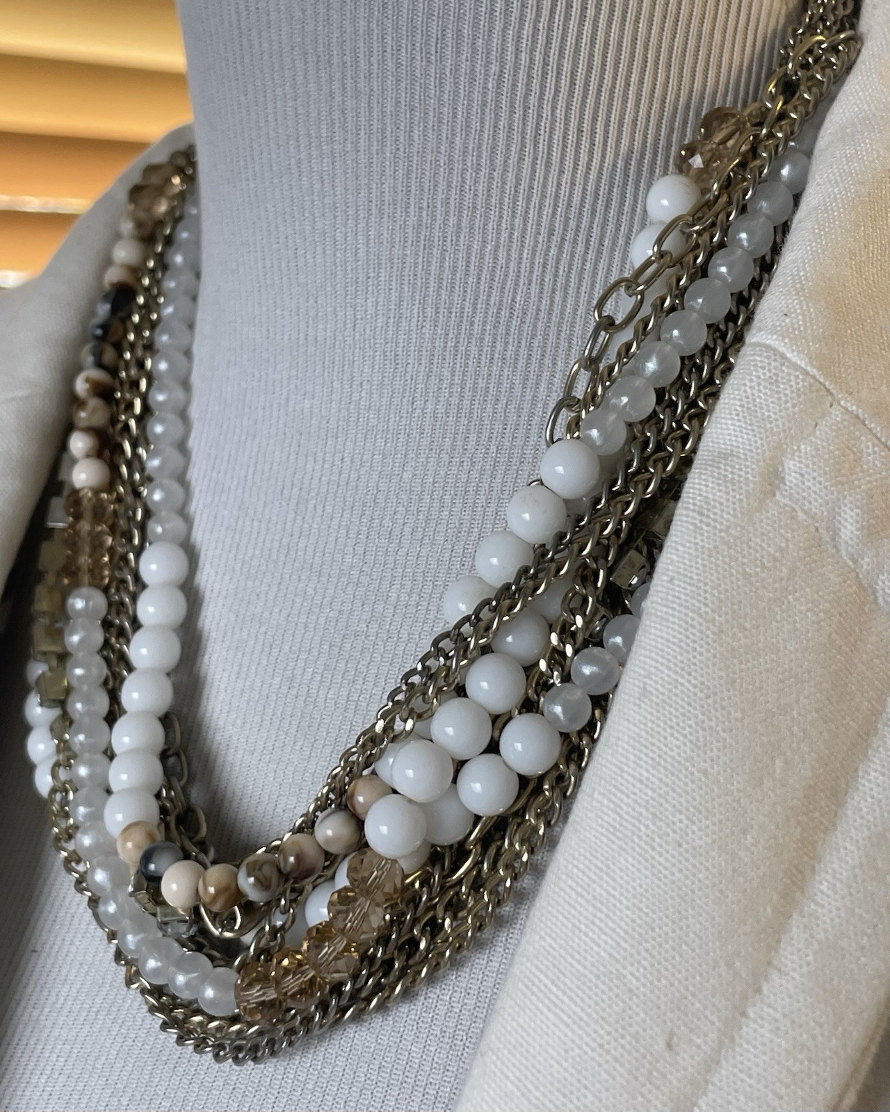 Lydell NYC Multi Strand Statement Necklace Mix Beads Gold Tone Braided Chain