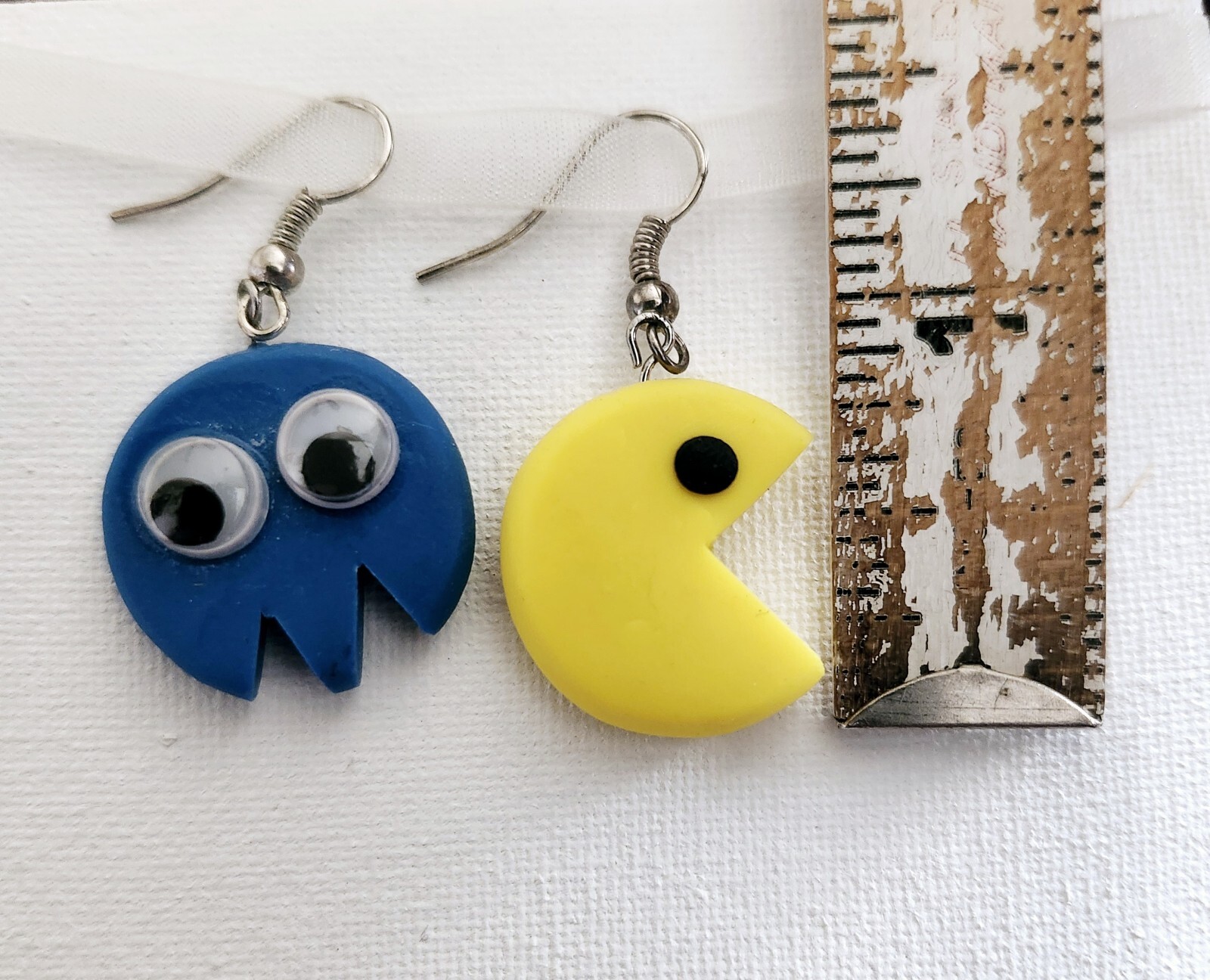 Cute Retro Style PAC-Man & Ghost Drop Dangle Earrings Blue Yellow