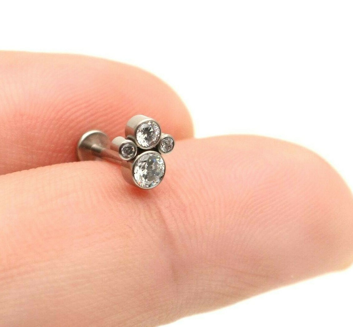 16G 1/4″ 6mm TITANIUM PAW CZ INTERNALLY THREADED LABRET RING EAR STUD flatback