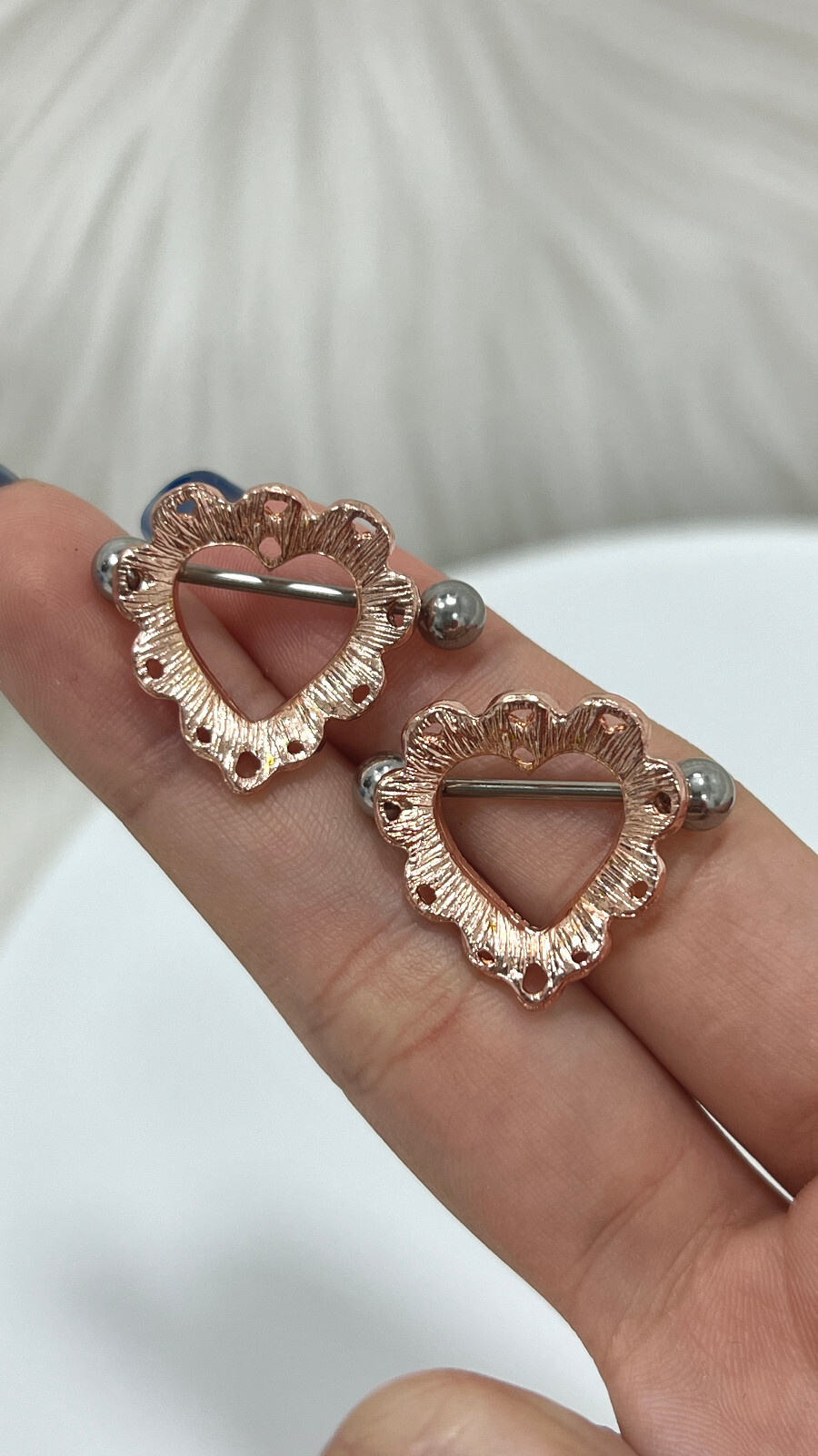 Nipple rings Barbells surgical steel Heart rose gold design Sold as a pair