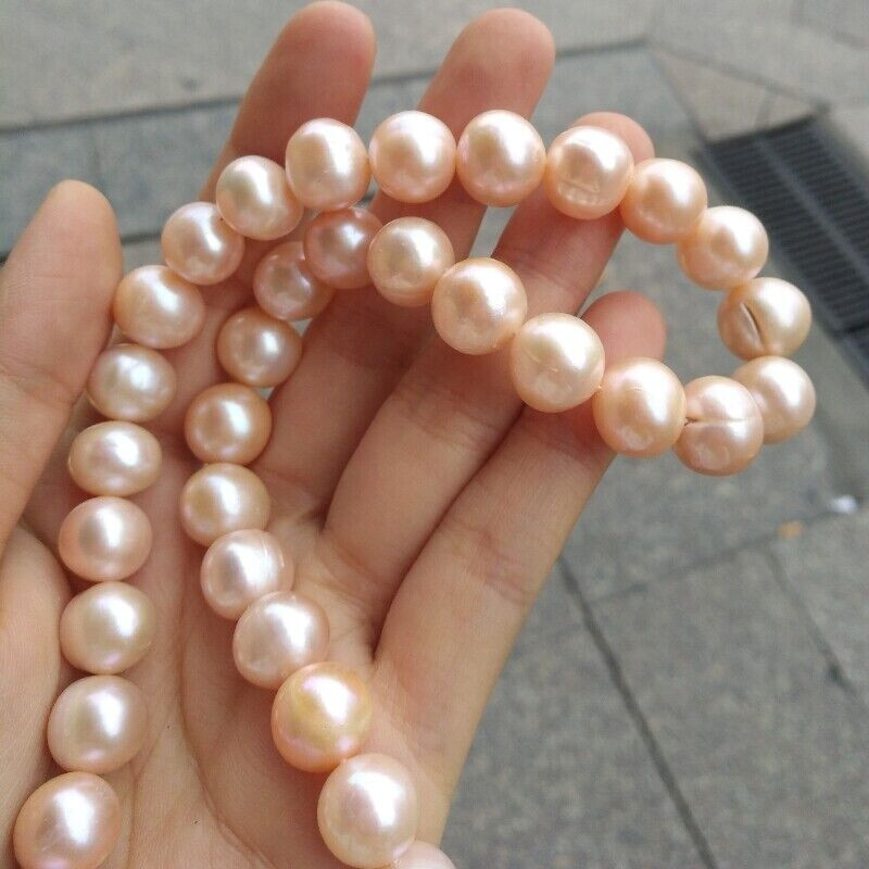 HUGE 11-12MM ROUND SOUTH SEA GENUINE NATURAL PINK PEARL NECKLACE 18″ 14K CLASP