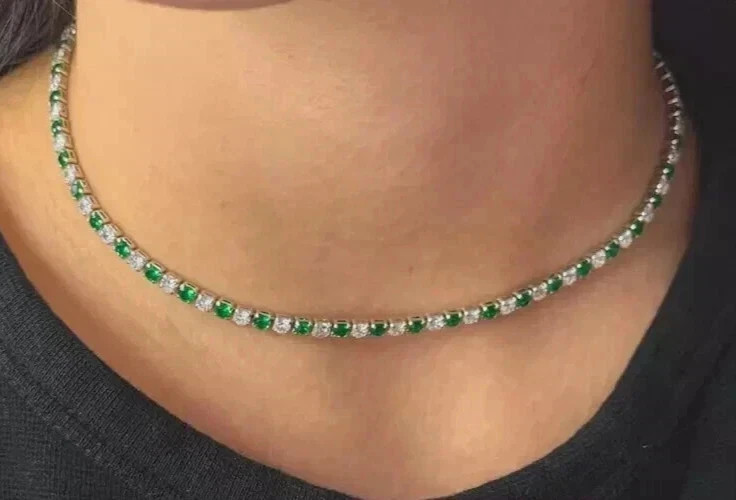 8Ct Round Cut Lab Created Emerald Women’s Tennis Necklace 14K White Gold Finish