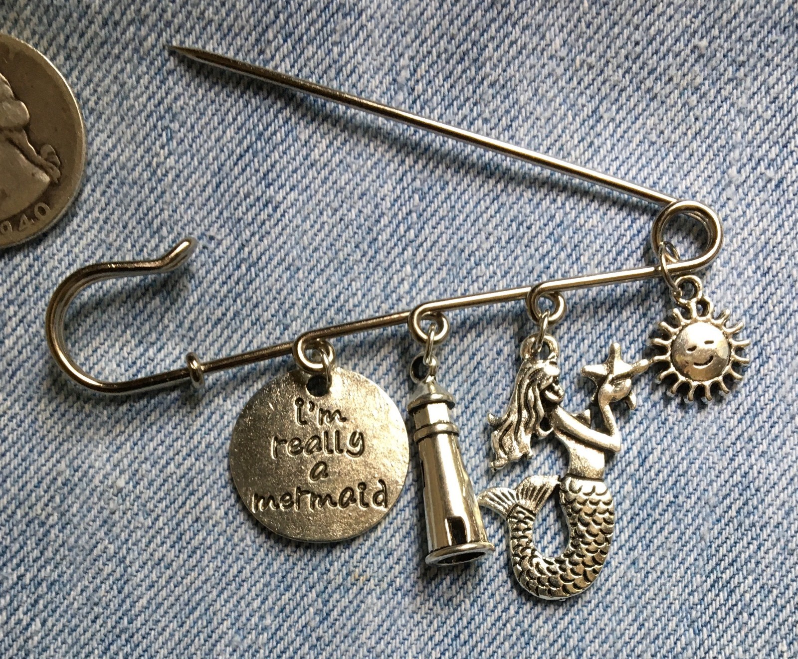 3″ BIG SAFETY PIN w/ BEACH THEME CHARMS – Hanging Lighthouse Mermaid ++