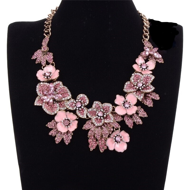 PRETTY IN PINK Pave Rhinestone Enamel Flower Bib Vintage Style Necklace