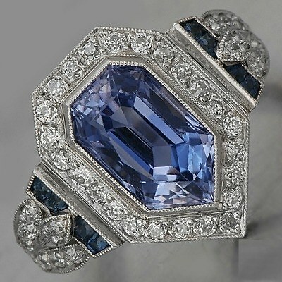 Mid-Century Art Deco Fancy Cut Blue Sapphire With Brilliant White CZ Fine Ring