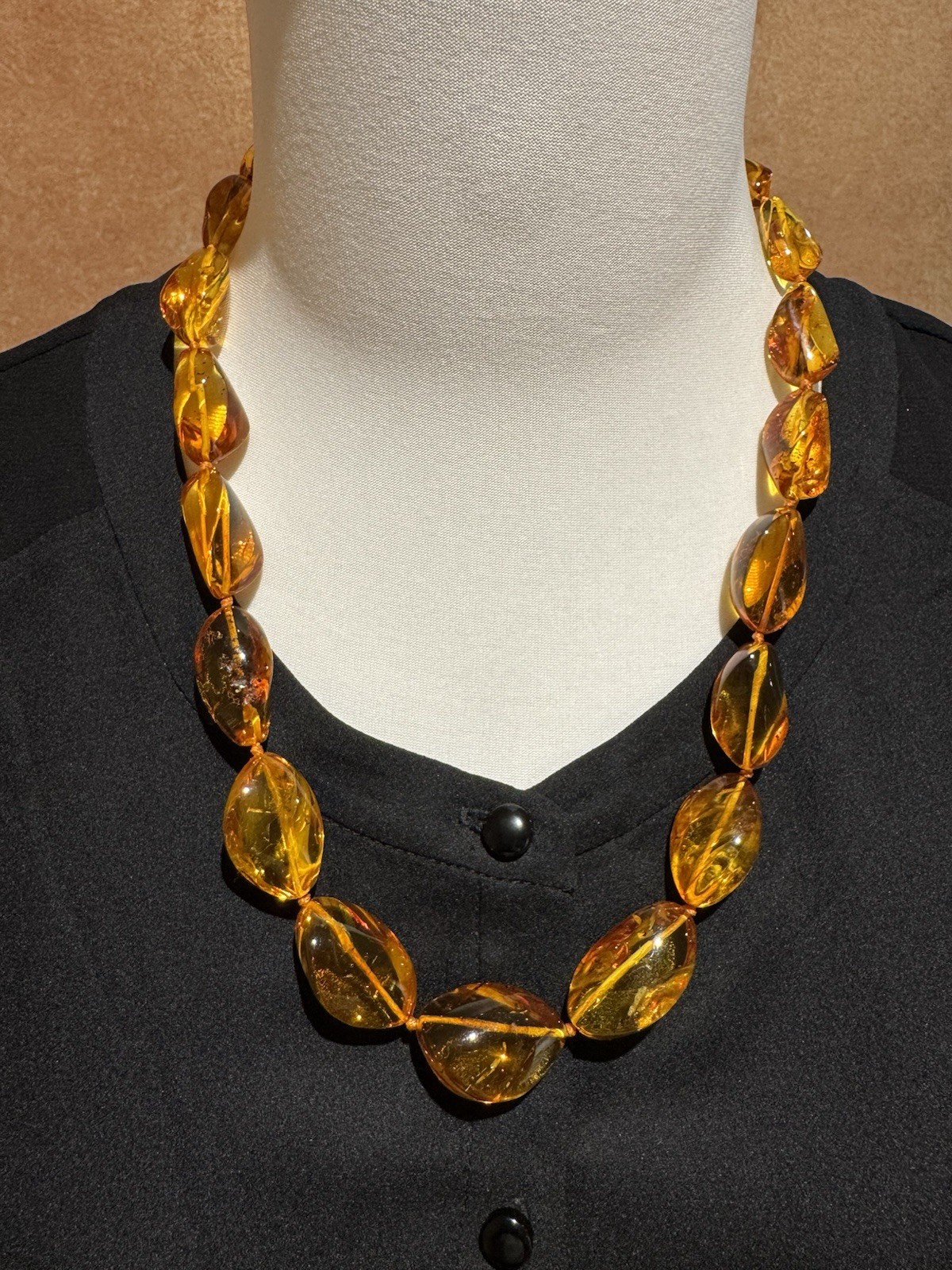 Natural Baltic Amber Necklace, Graduated Marquise Beads, Honey Cognac 61g 60cm