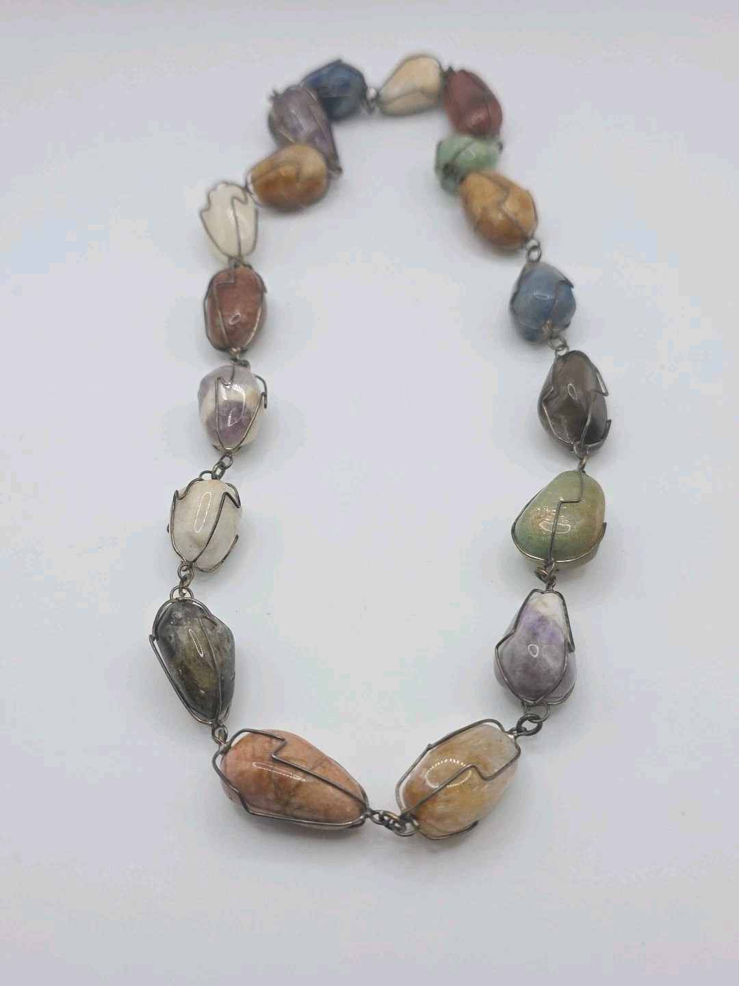 Vintage Sterling Silver 925 Tumbled Stones Wire Cage Necklace 20″ 114g