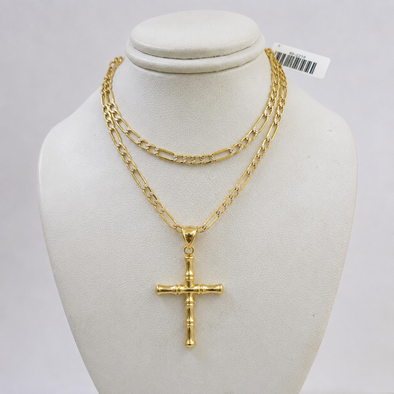 10K Gold Figaro Link Chain 3mm Necklace Bamboo Cross Charm SET Pendant 18″–24″