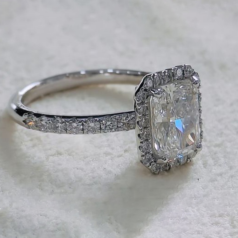 1.90 TCW Radiant Cut Moissanite Halo Engagement Ring in 14K White Gold Plated
