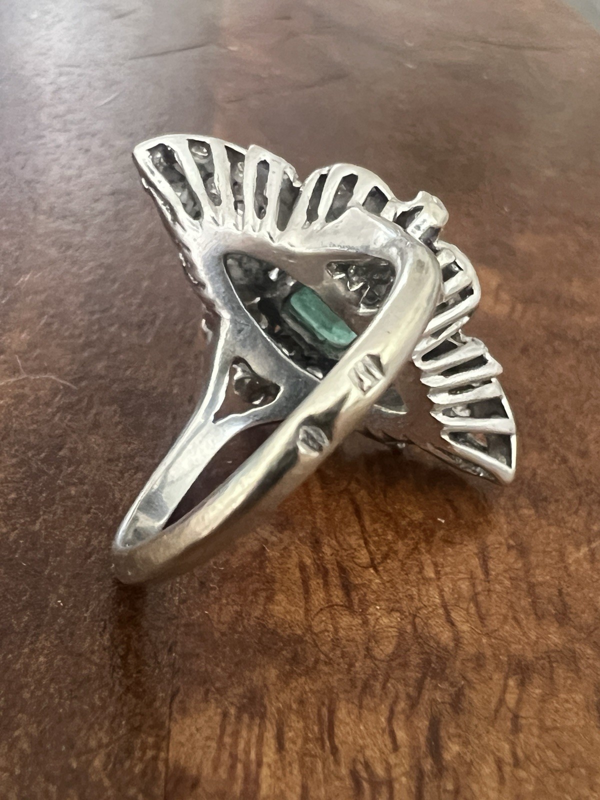 STUNNING 1ct EMERALD ring 14k white gold MANY diamonds MAY birthday ART DECO