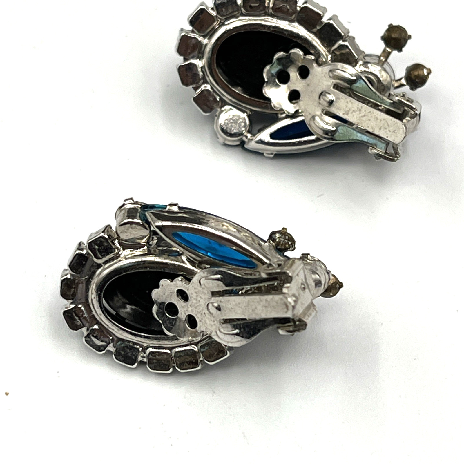 Juliana Earrings Hematite Glass Cabochon AB Earrings 1.25″ Silver Tone