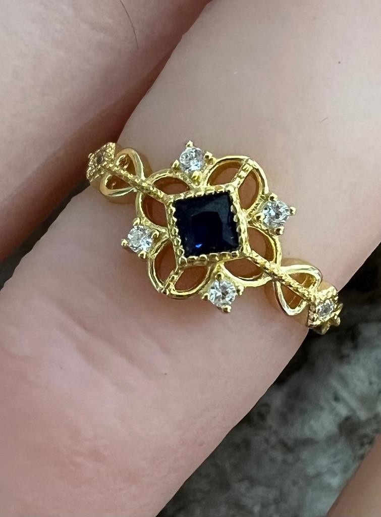 Real Blue Sapphire & Diamond 14K Y Gold on SOLID 925 Ring SZ 8 1/4 Victorian Rev