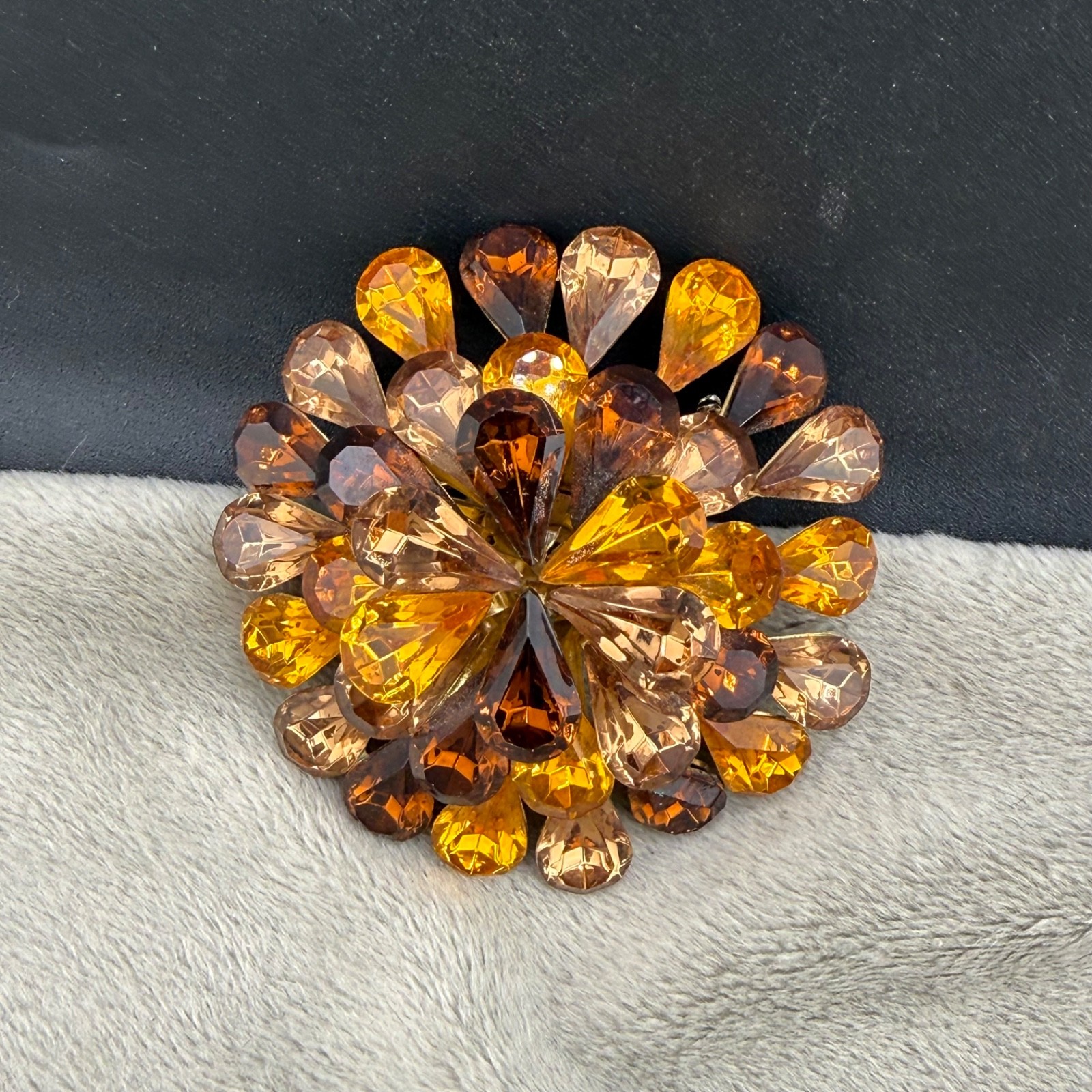 Vintage Rhinestone Brooch Orange Brown Gold Tone Layered Sparkle