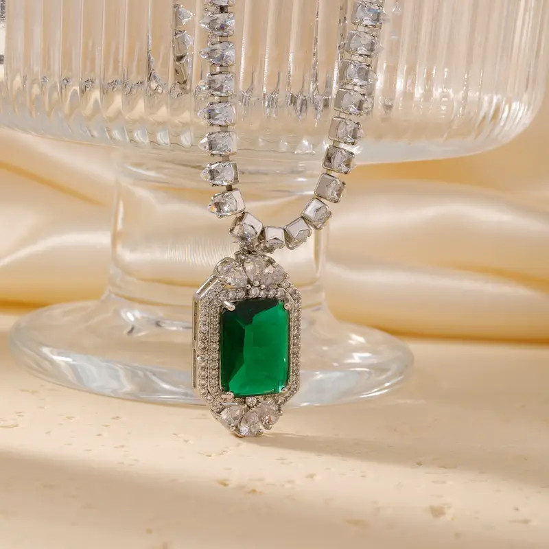 35 Ctw Emerald Lab Created Green Emerald Diamond Necklace 14K White Gold Plated