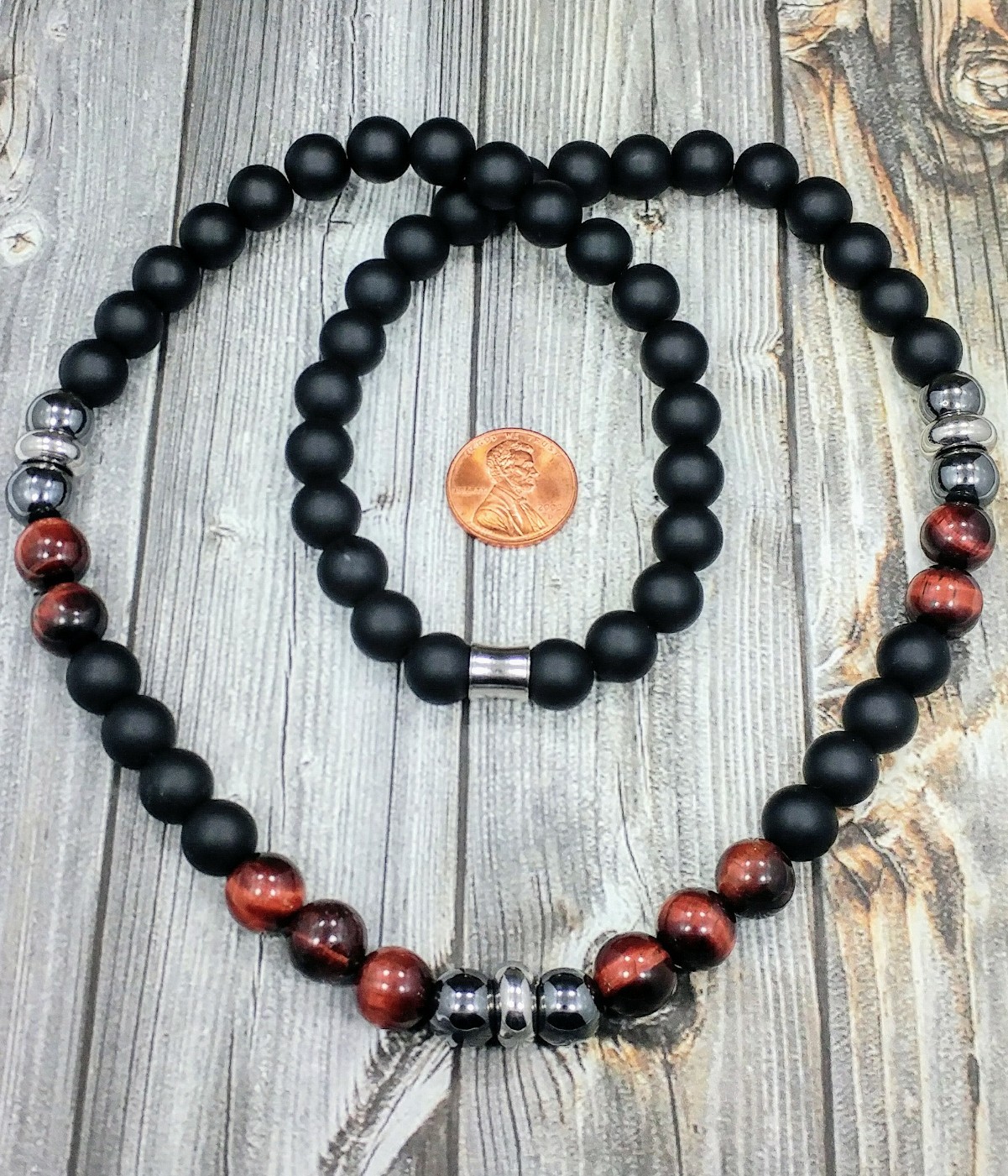 HIP 24″L STAINLESS STEEL 10mm Red Tigers Eye+Matte Onyx Gemstone Beaded Necklace