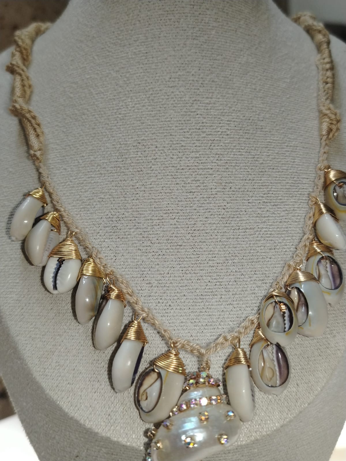 Stunning handmade crochet shell necklace Unique faux cowrie seashell boho beach