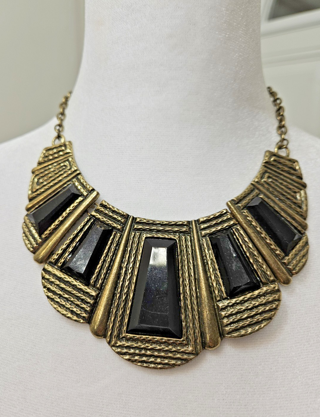Vintage Geometric Statement Bib Necklace Black & Gold Tone Art Deco Egyptian Rev