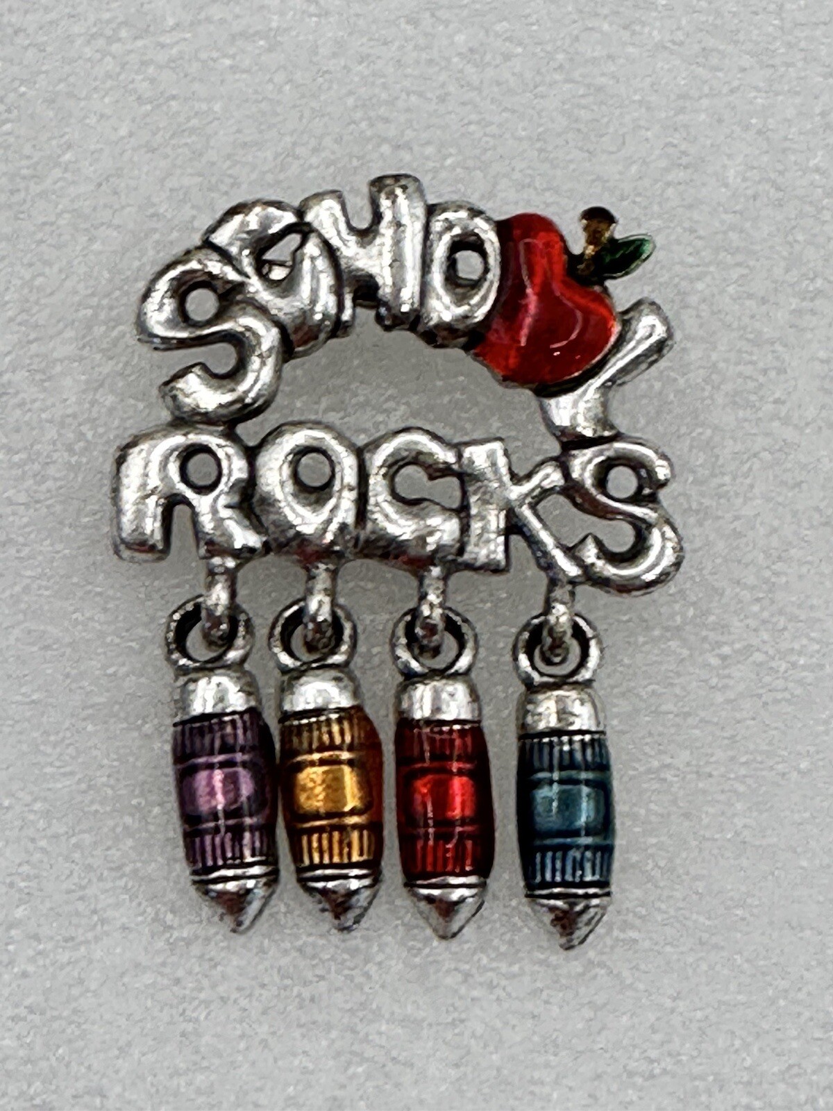 AJMC School Rocks Brooch With Hanging Crayons & Apple Vintage Enamel On Metal