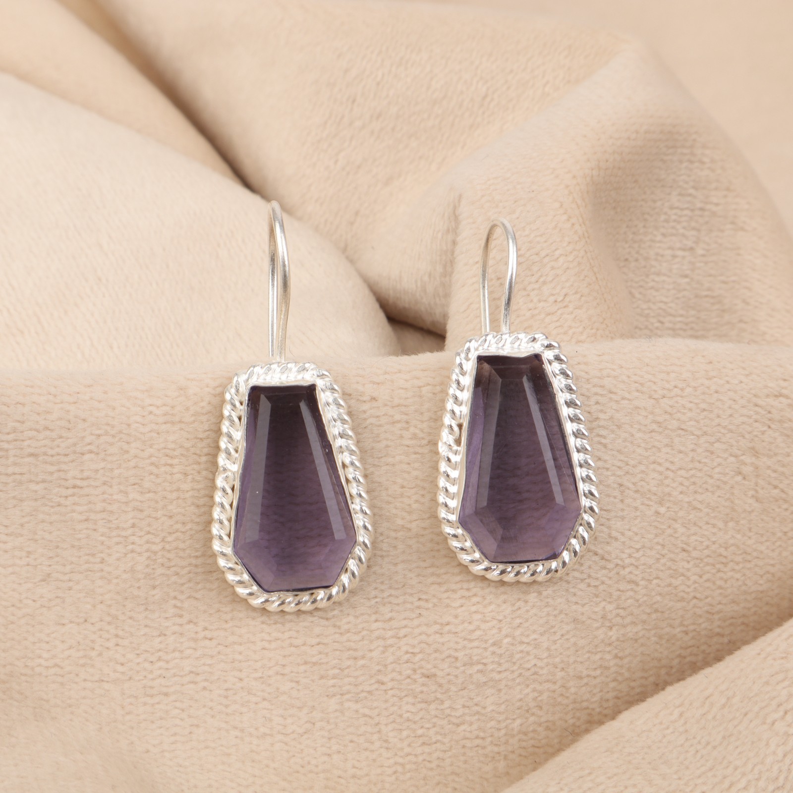 Natural Iolite Gemstone 925 Silver Jewelry Handmade Modern Coffin Earring 1.30″