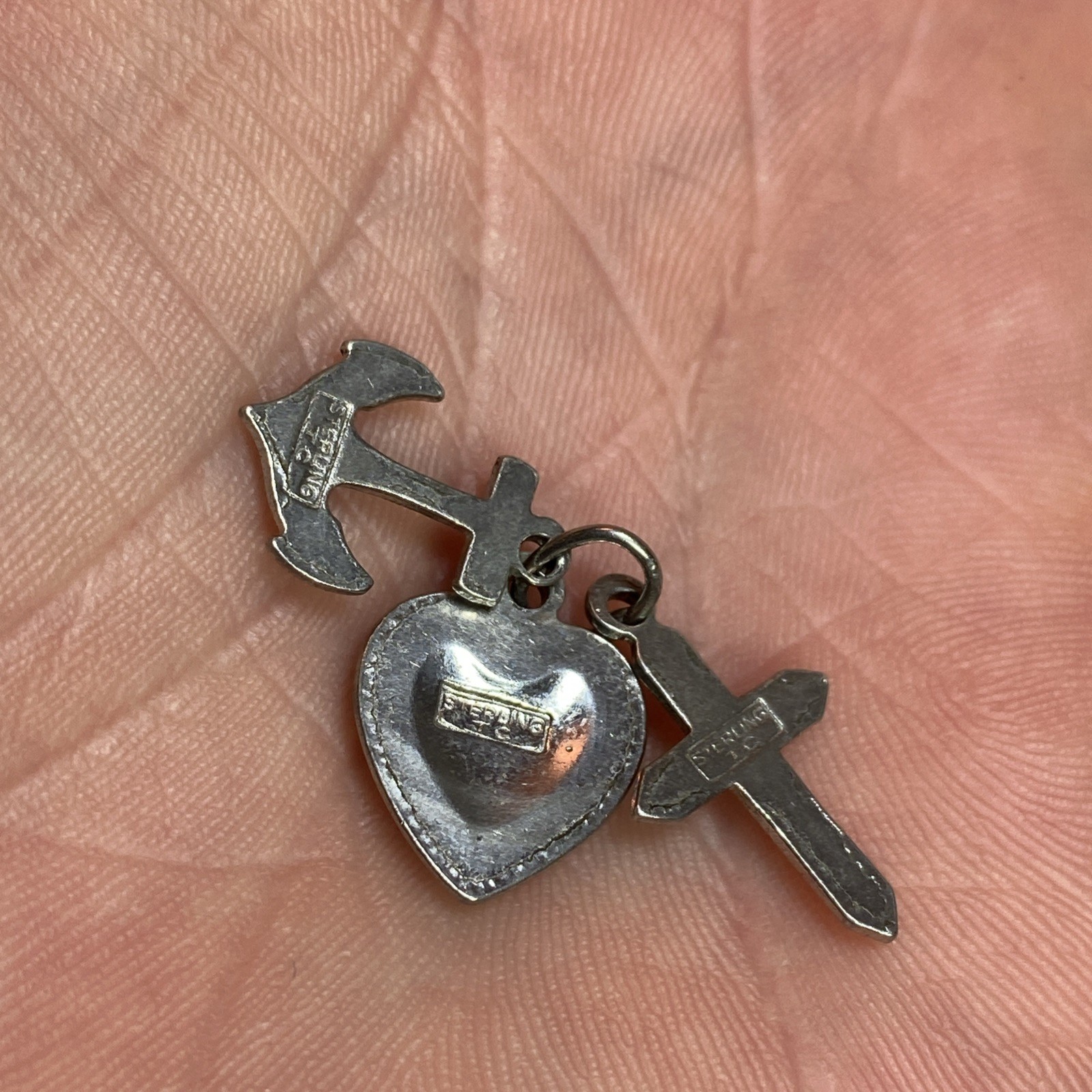 signed TC 925 Sterling Silver Vtg 3 Virtues Anchor Heart Cross Charm Pendant
