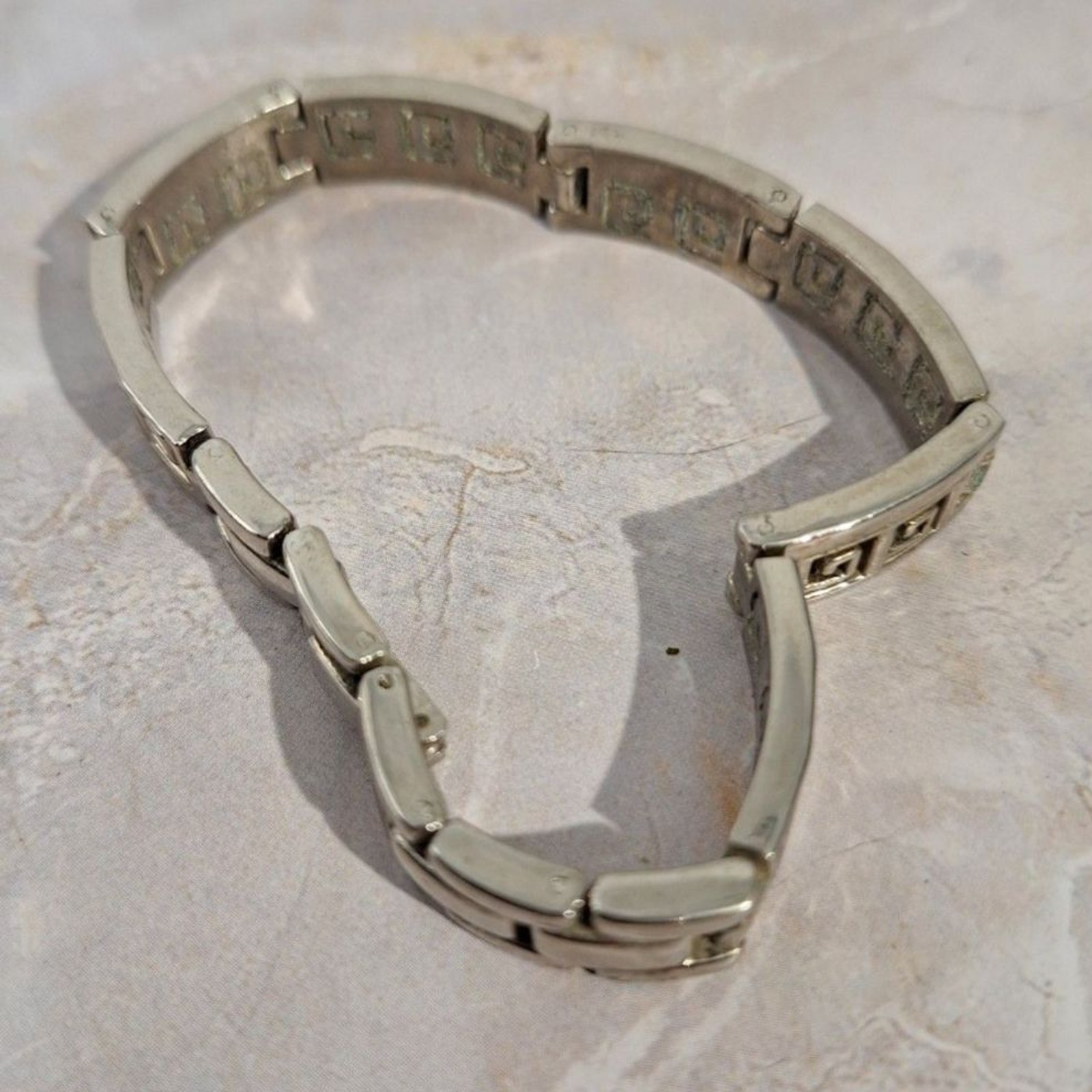 A Vintage Silver Tone Greek Key Link Bracelet Geometric Classic Mediterranean