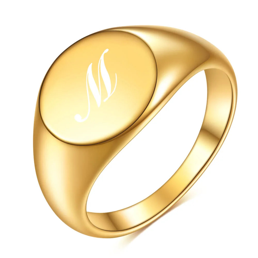 Initial Ring Gold Plated Stainless Steel Round Alphabet Signet Band Unisex