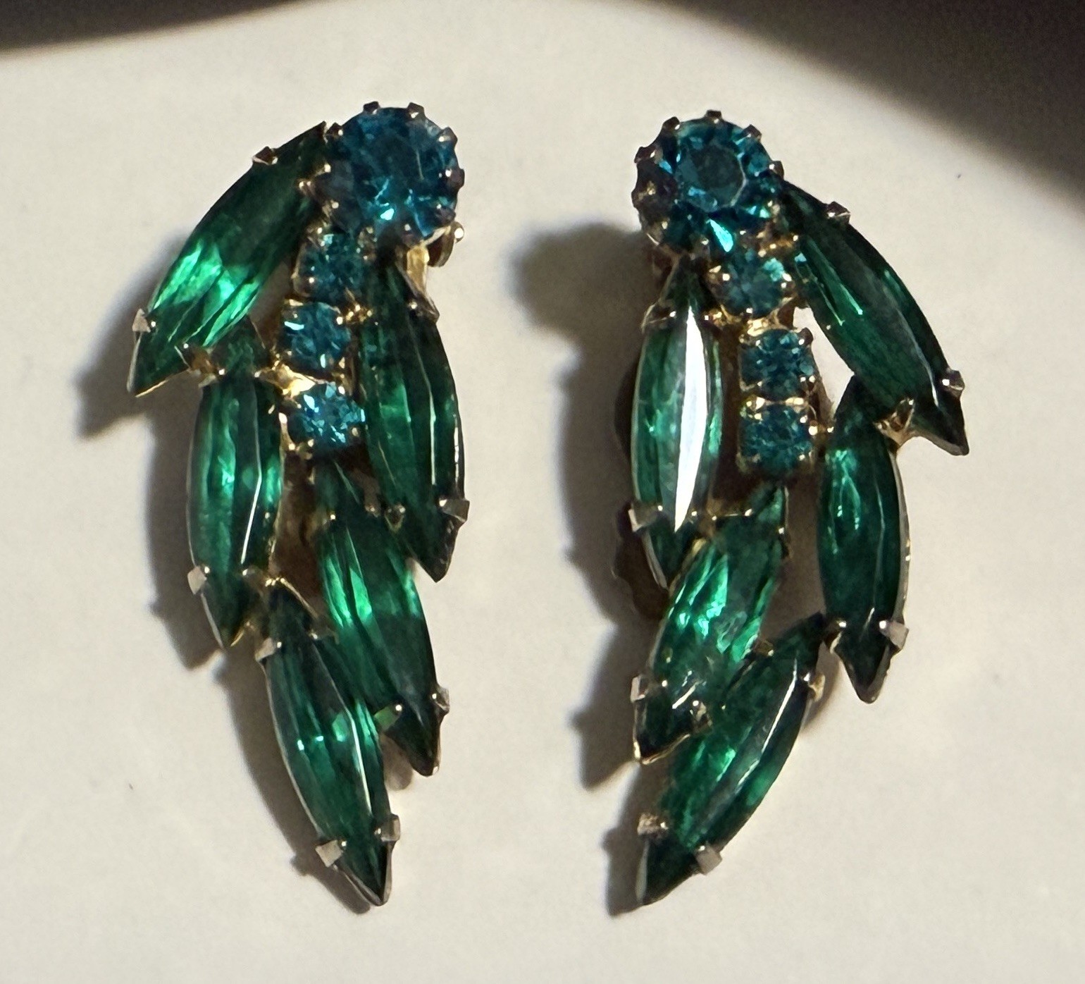 Vintage Unsigned Sherman ? Green & Teal Navette Rhinestone Clip On Earrings