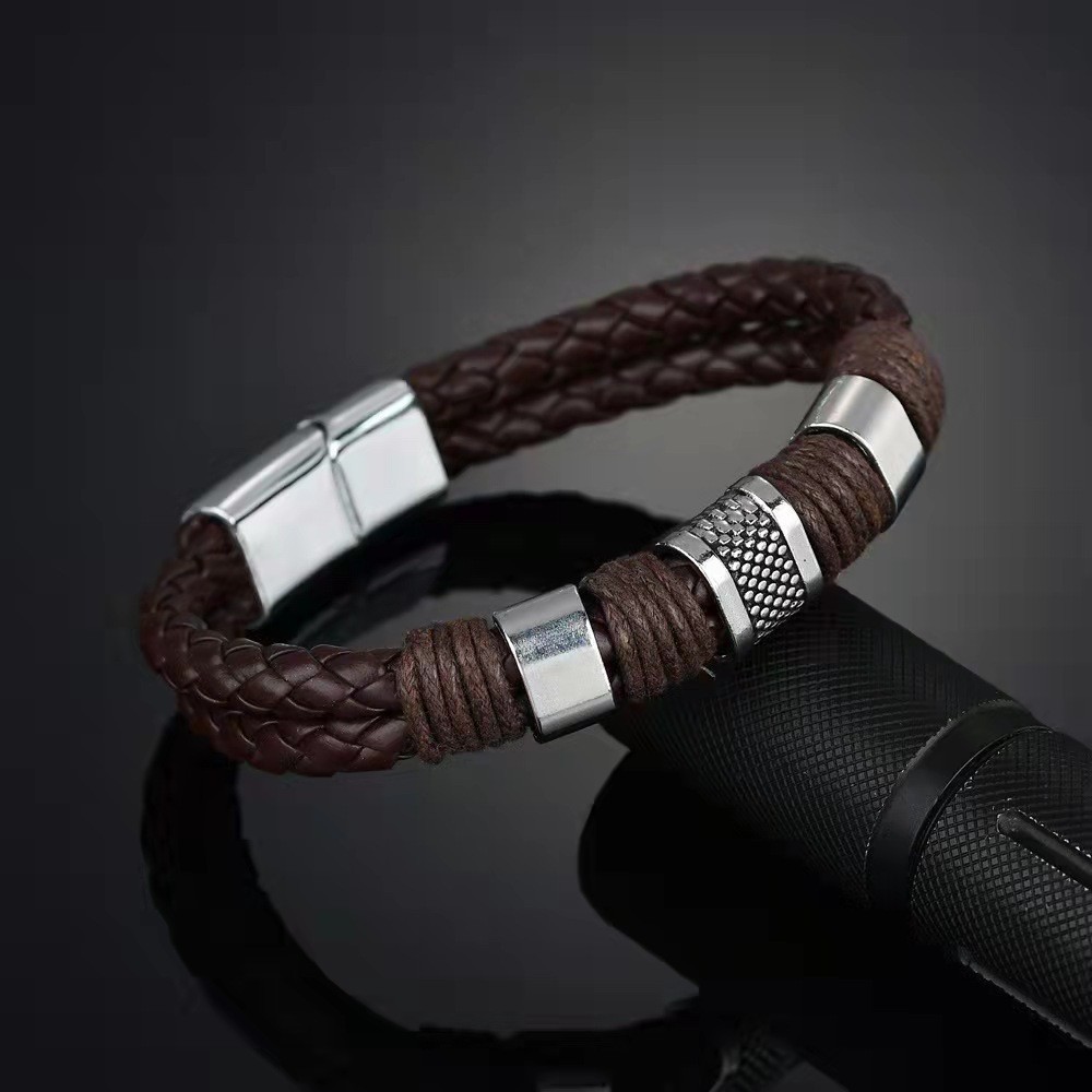 Retro Men’s Magnetic Buckle Faux Leather Fabric Stainless Steel Braided Bracelet