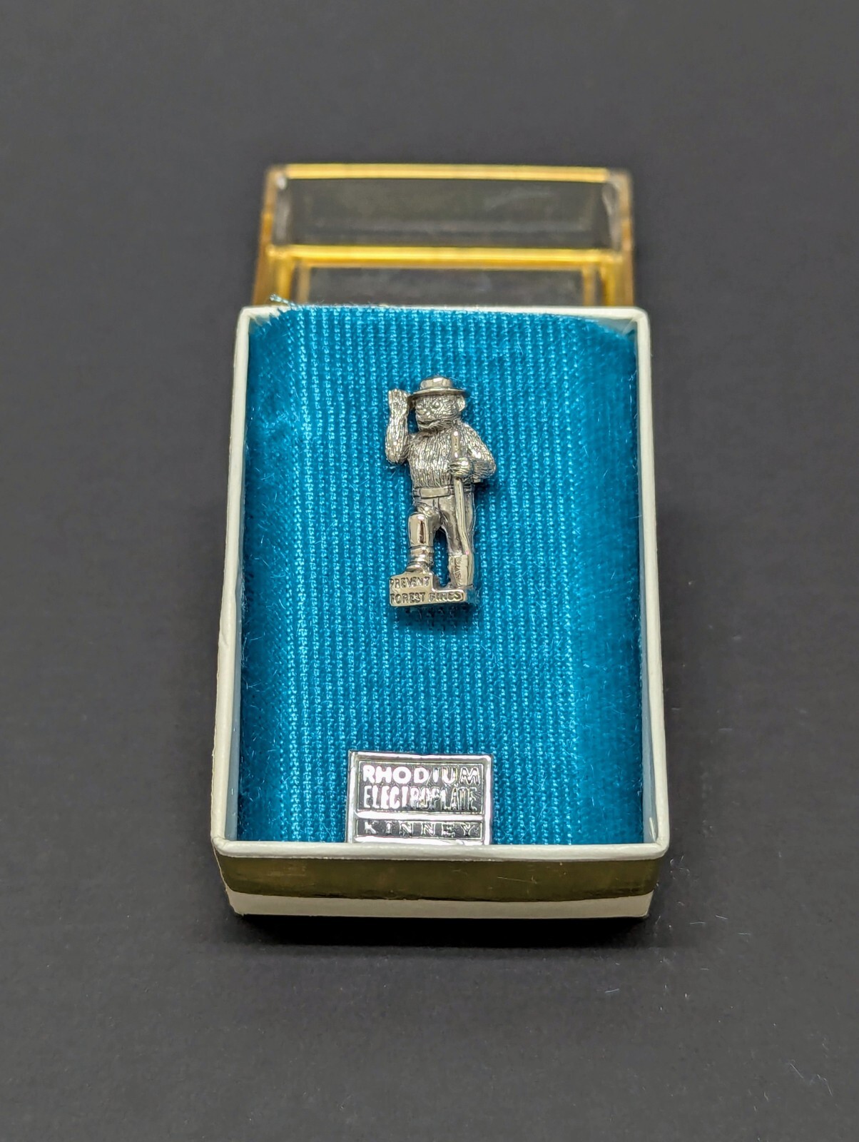 Vintage SMOKEY THE BEAR Tie Pin Tack Chain Rhodium Electroplate KINNEY Silver