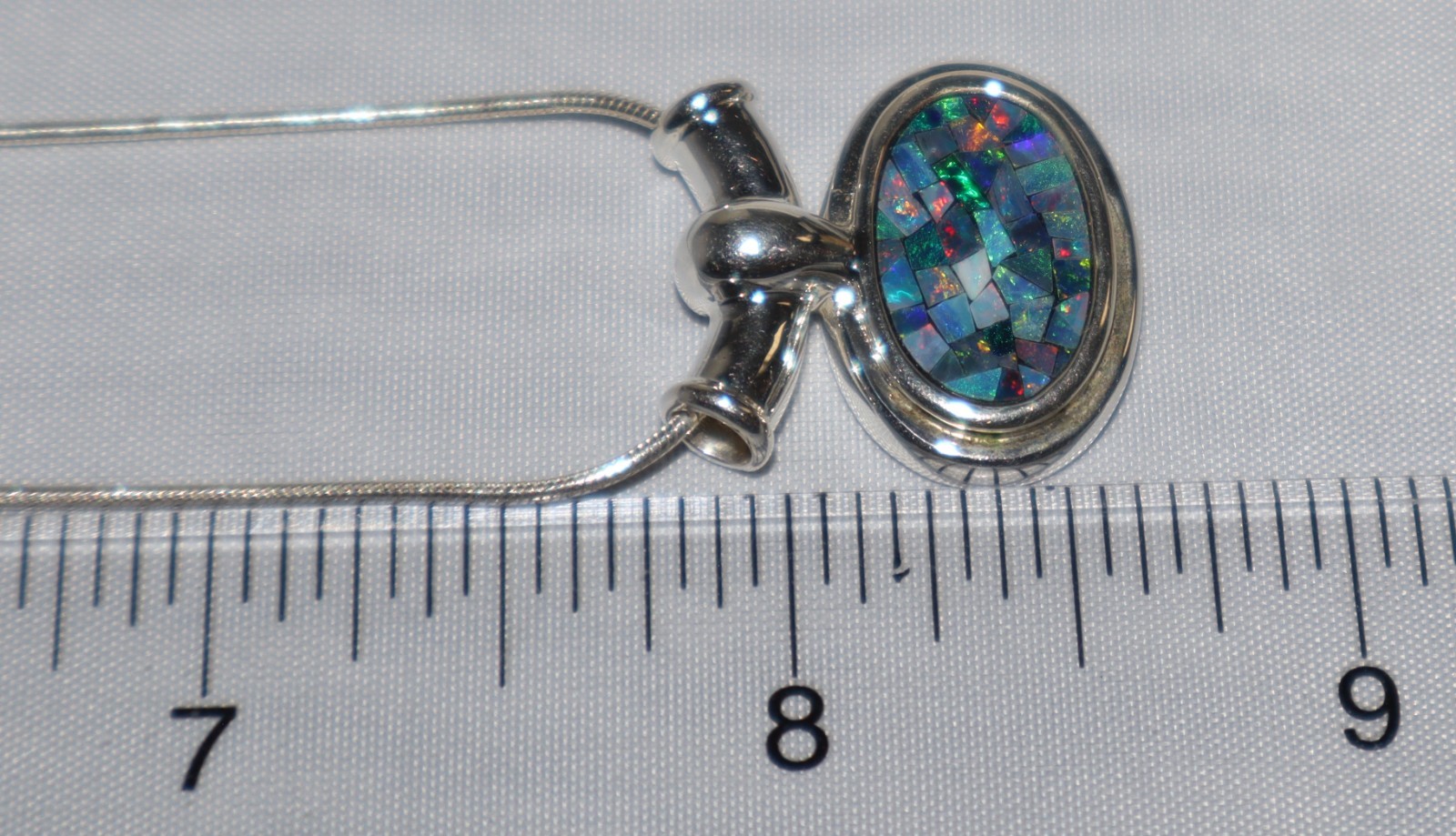 Vintage Sterling Silver Blue Lab Opal Mosaic Serpentine Chain Pendant Necklace
