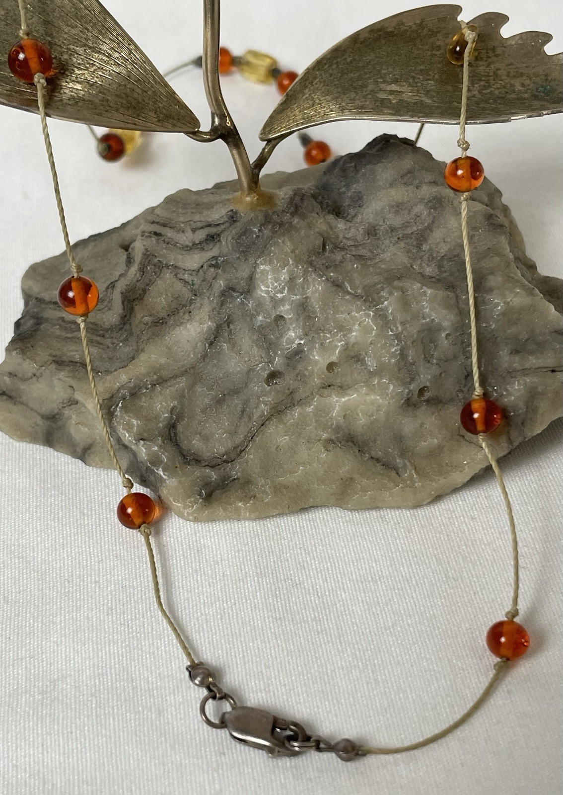 Vtg Amber Citrine Beaded Necklace 19” 925 Sterling Silver Clasp Nylon Cord 12.8g