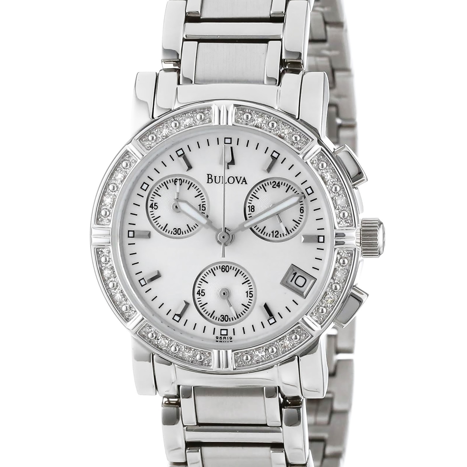 BULOVA Womens 16 Diamonds Watch, Chronograph Dial, Silver Stainless Steel Band