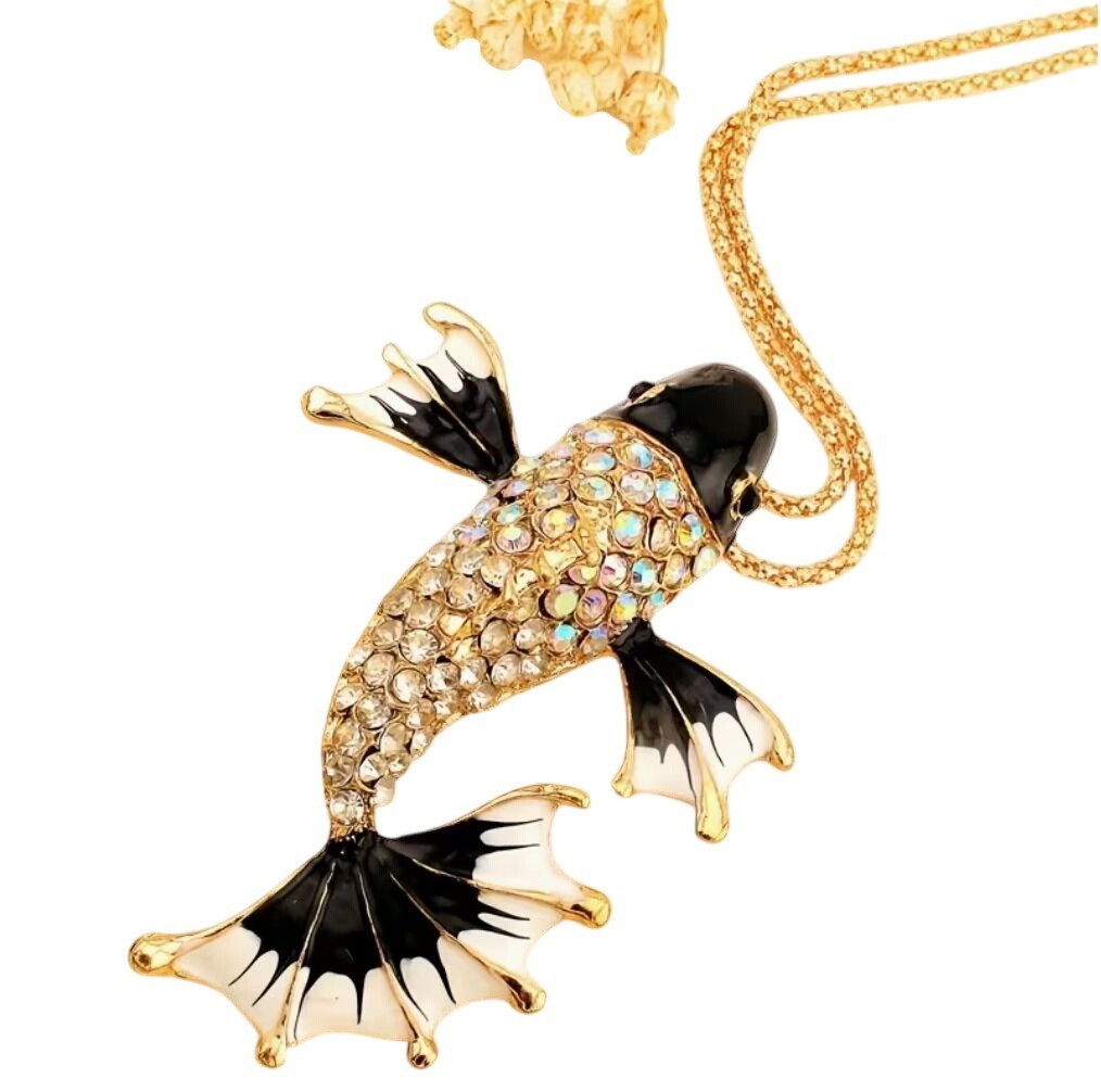 Betsey Johnson Black & White Crystal Koi Fish Pendant Necklace Gold Tone