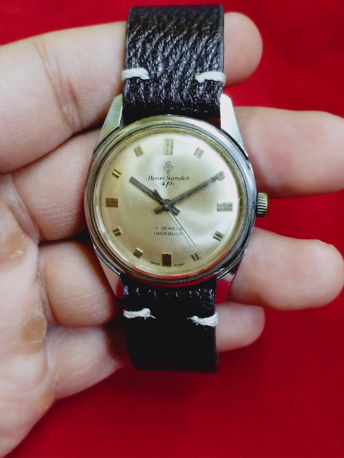 Vintage Henri Sandoz 17 j original men swiss working wrist watch.047 rare