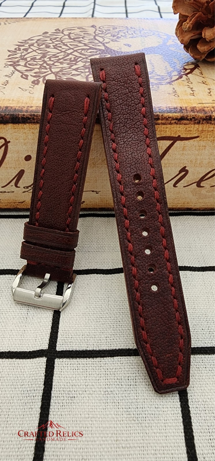 20mm Handmade Burgundy Italian Waxed Leather Watch Strap Red Stitch 20-18