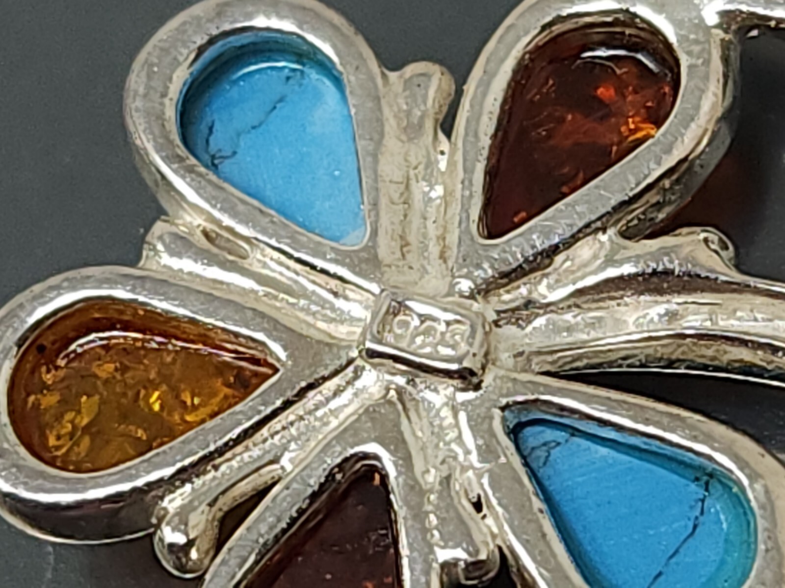 Vintage Sterling Silver 925 Yellow Baltic Amber Turquoise Flower Pendant