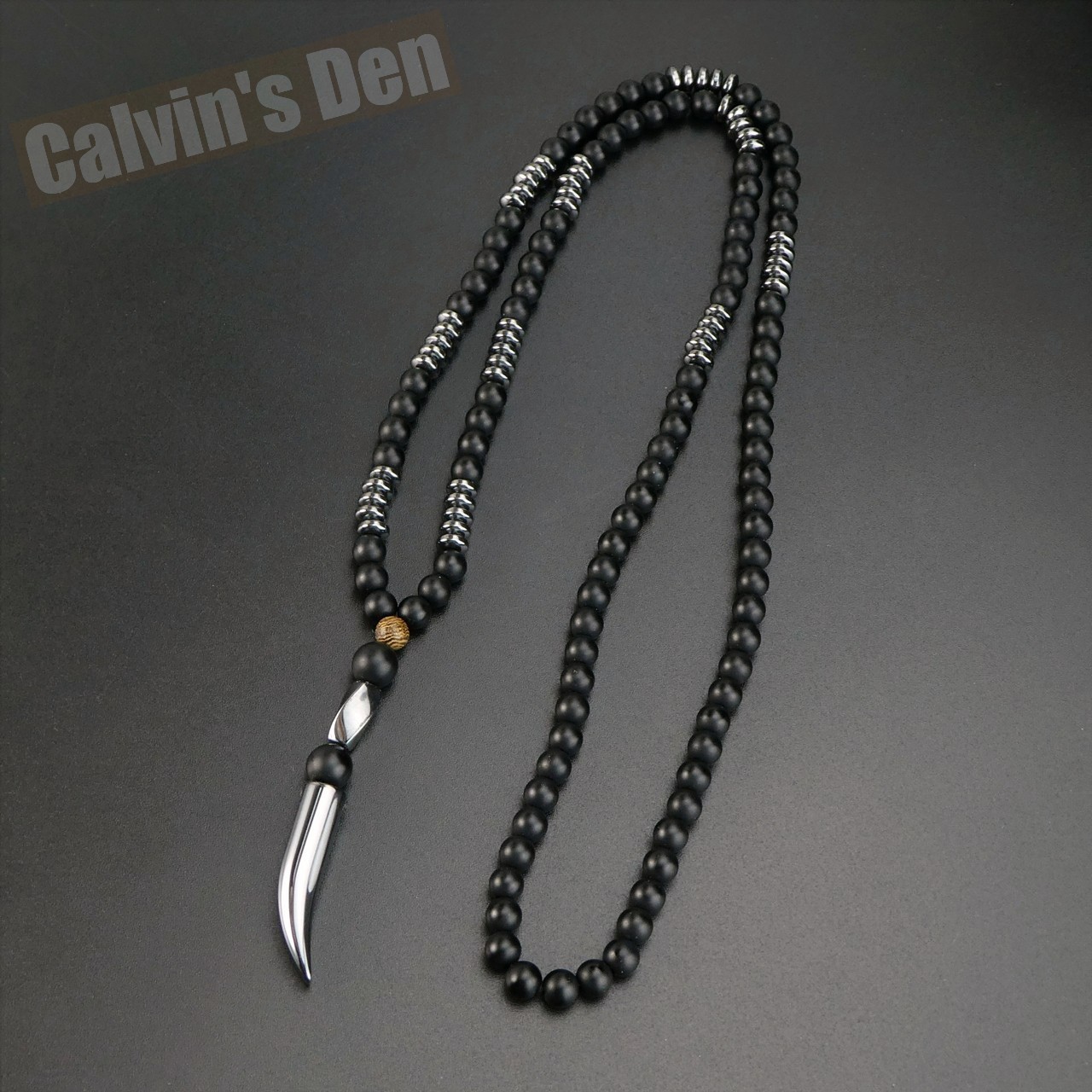 Matte Black Obsidian Black Hematite Tooth Fang Pendant Necklace Men Modern Boho