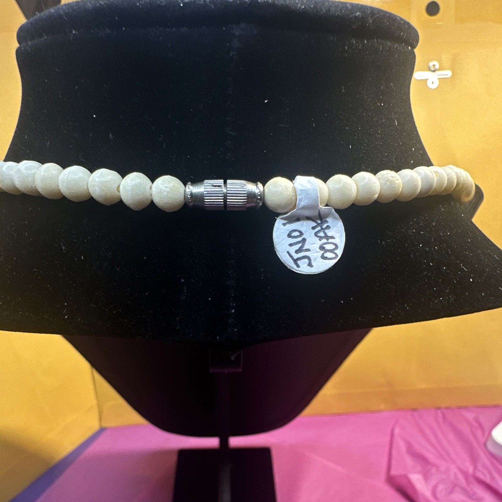 Black & White Beaded Necklace, Oval & Round Wood/Plastic Beads, Barrel Clasp