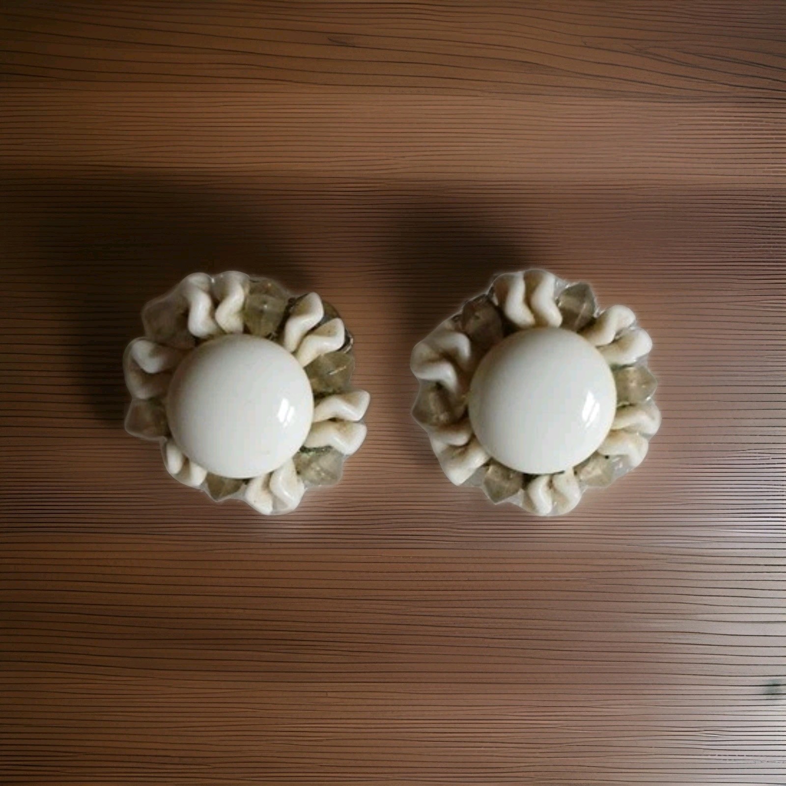 Vintage White Milk Glass Beaded Earrings Jagged Petal Edging Unsigned Japan