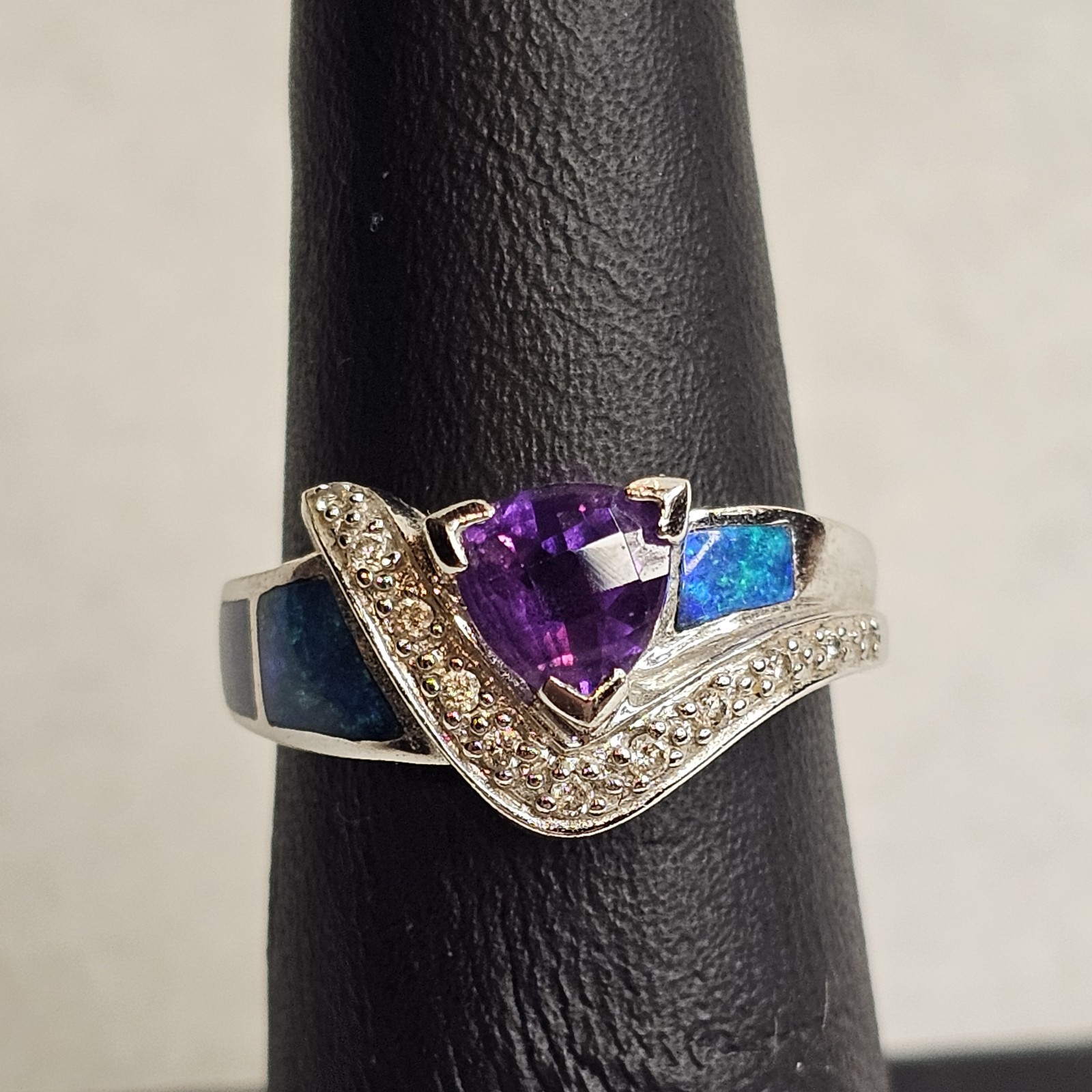 14K White Gold Amethyst Diamond Opal Inlay Ring Designer Style Estate Sz 6.25